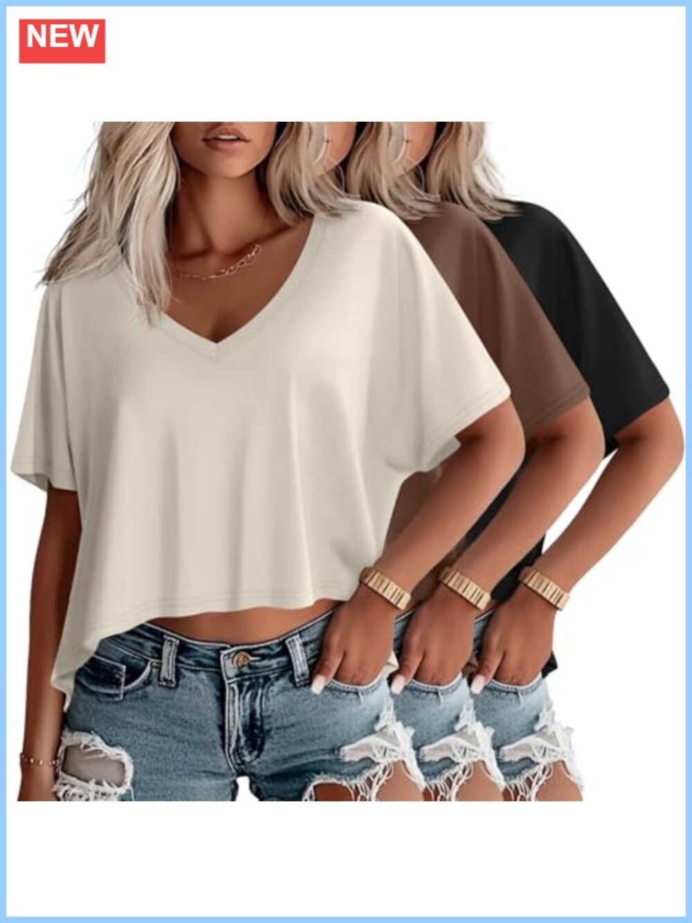 Oversized Crop V-Neck Tee 3 Pack Women's Boxy Casual T-Shirts